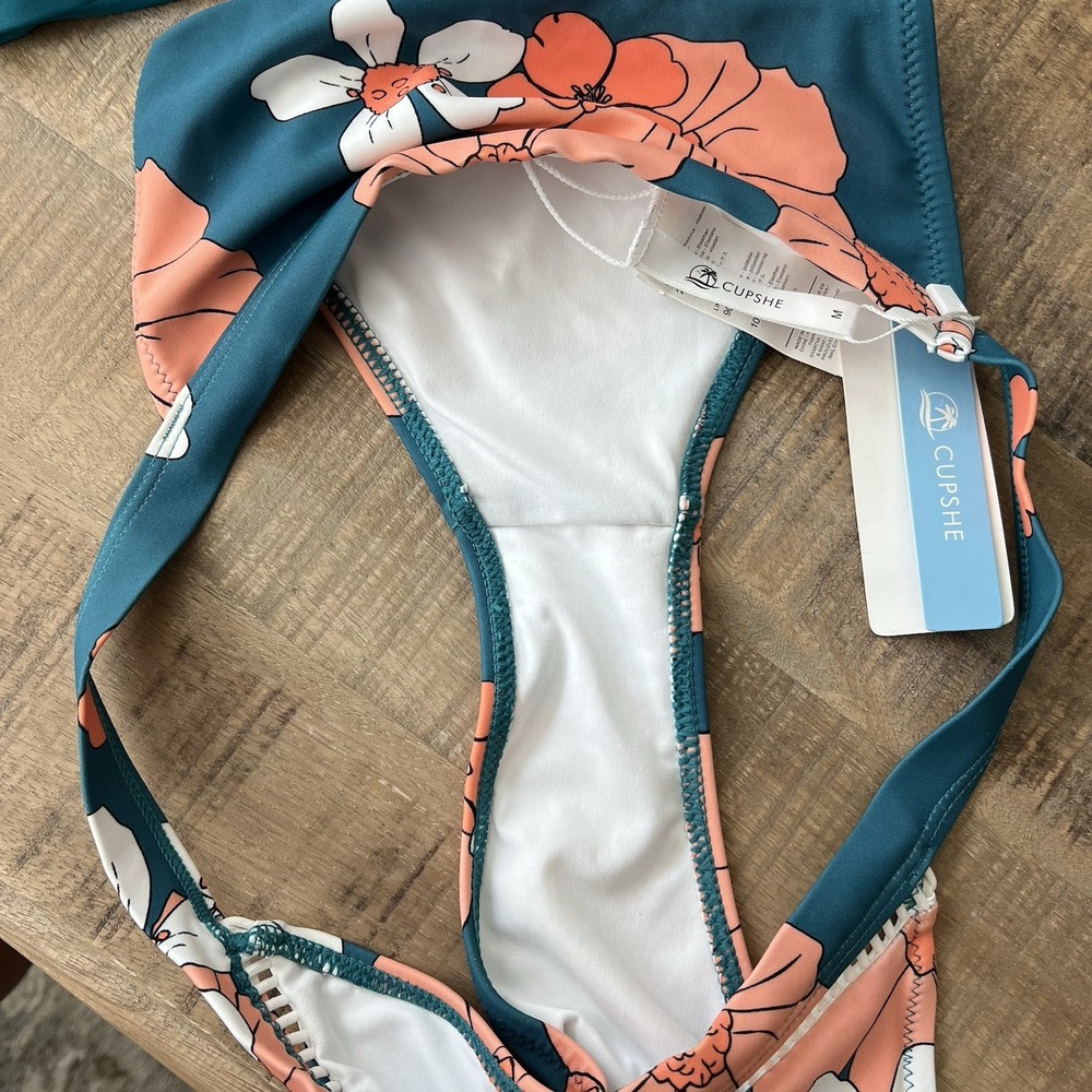 CUPSHE Bikini Set Size S‎ Top M Bottom Teal Coral Floral Cutout Clasp Beach NWT - Picture 6 of 12